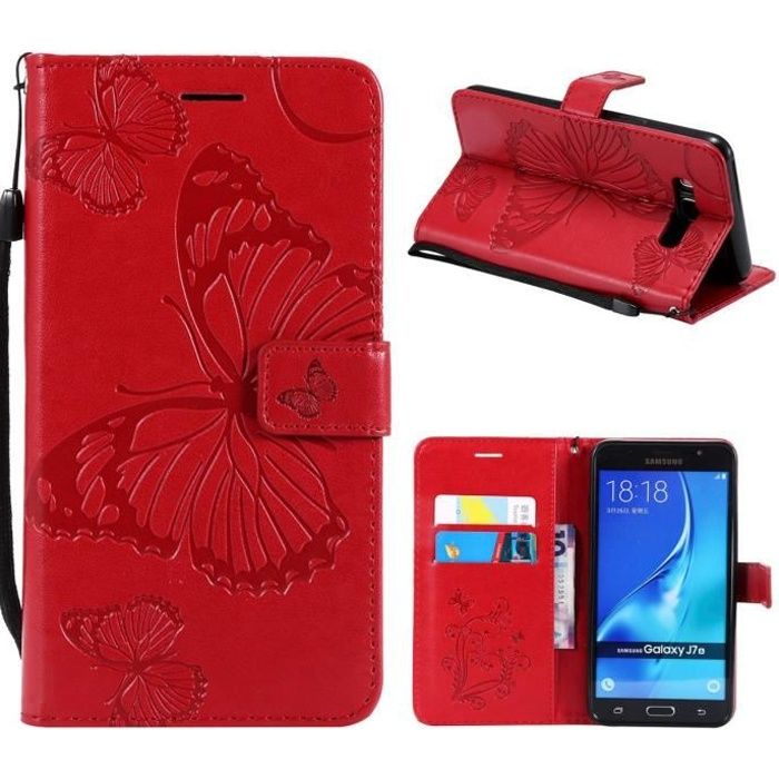 Galaxy J7 2016 Coque Etui à Rabat en PU Cuir Magnétique Antichoc Flip Housse Portefeuille Papillon Samsung Galaxy J7 2016 - Rouge