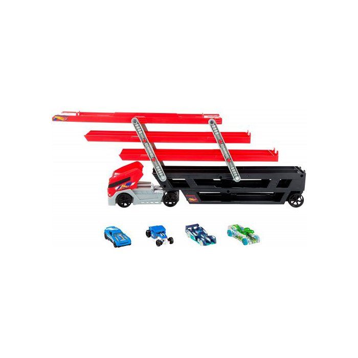 Mega Camion Transporteur Hot Wheels : 43.5cm Avec 6 panneaux de stationnement + 4 Vehicules Hot Wheels