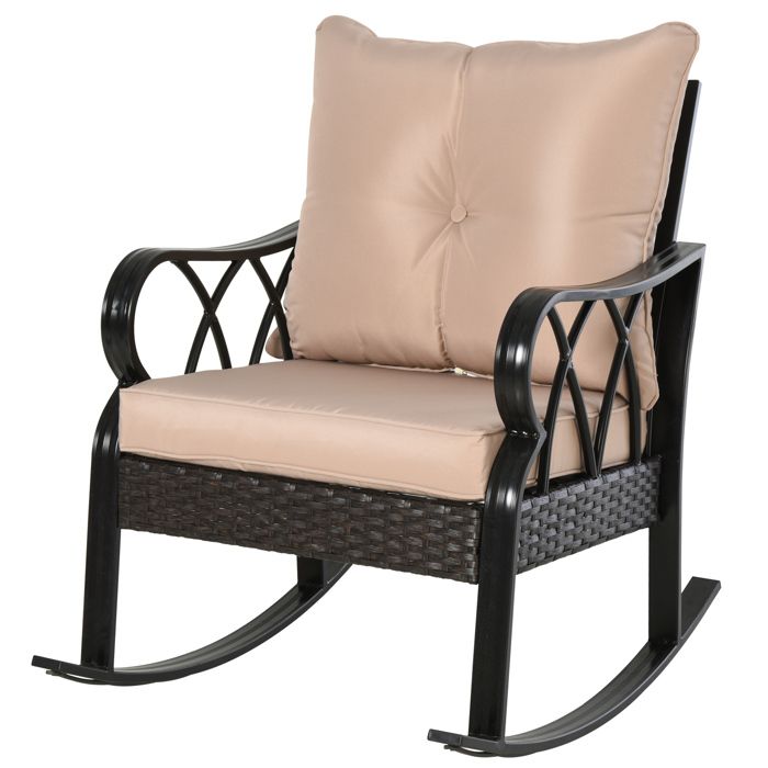 Rocking chair fauteuil à bascule grand confort style cosy coussins assise dossier déhoussable beige résine tressée imitation rotin