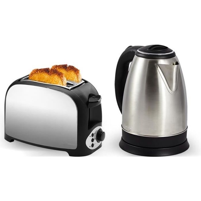 Set petit déjeuner - Grille pain 2 fentes finition inox + Bouilloire en inox - 1500W 1.8L