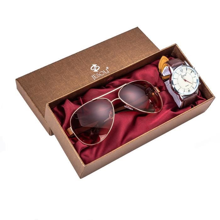 RMEGA® Coffret Cadeau Montre Homme + Lunettes de soleil- Montre Quartz - Analogique - Etanche -cuir - Marron