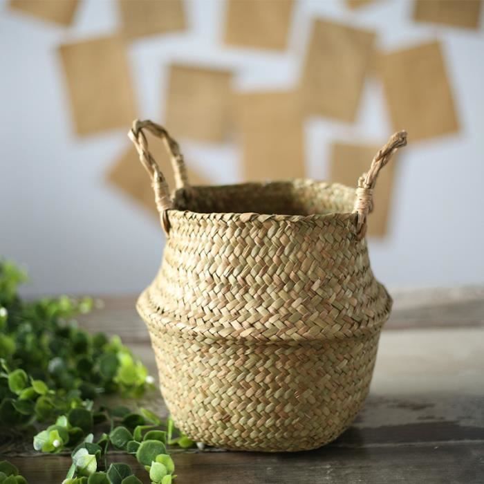 Panier de vannerie d'herbe de mer Pot de fleur pliable de rotin PlanteurPanier de rangement tisse a linge sale Decoration de maison
