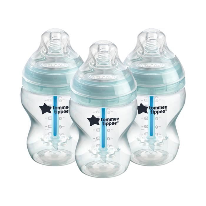 Tommee Tippee - Biberons Anti-Colique - Tétine Imitant le Sein Maternel - Système Ventilation Anti-Colique - 260 ml - Lot de 3