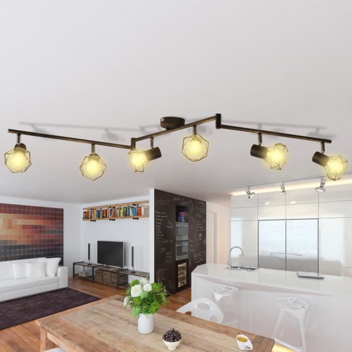 Spot de plafond vintage Noir cadre en métal laqué projecteur style industriel à 6 ampoules LED à incandescence blanc chaud