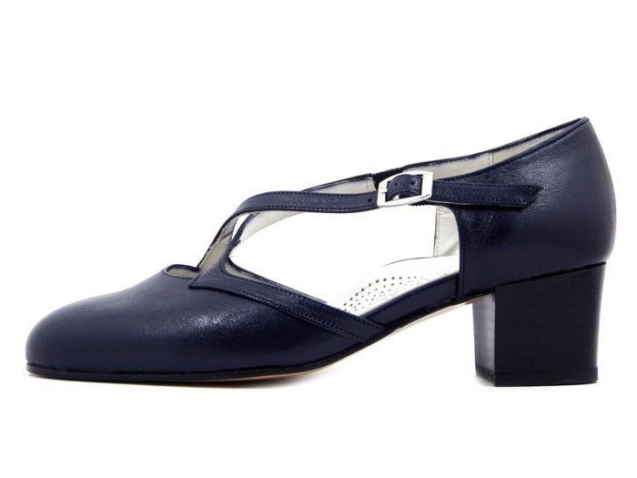 Escarpins Vintage Cuir Bleu Adrien Chausseur - Talon Bas, Pointure 39
