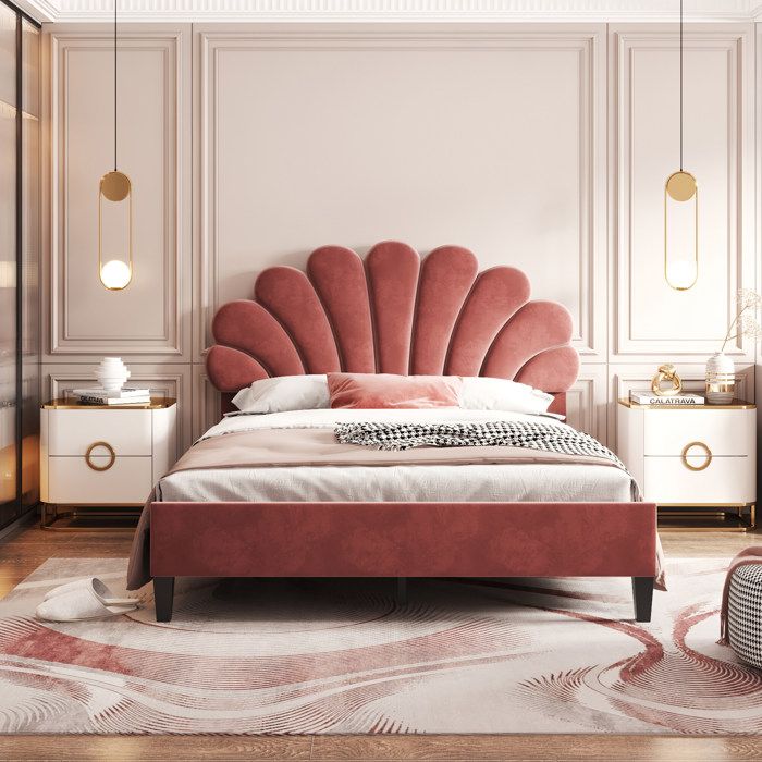 cadre de lit lit double - 140 x 200 cm, cadre de lit avec tête de lit fleurie, velours, pâte de haricot rouge - hauss spole