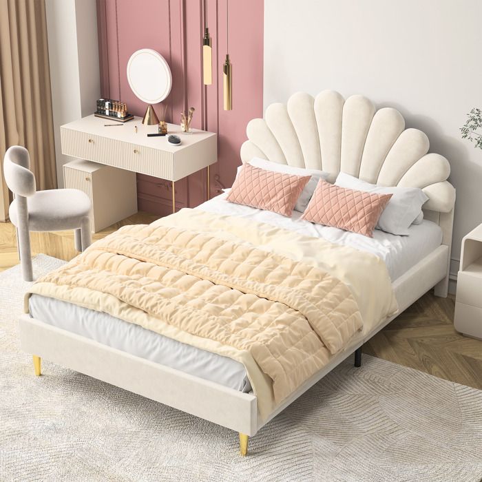 Sweiko Lit Double Capitonné 140x200 Cm - Tête De Lit Pétale Incurvée En Velours Beige, Design Antidérapant