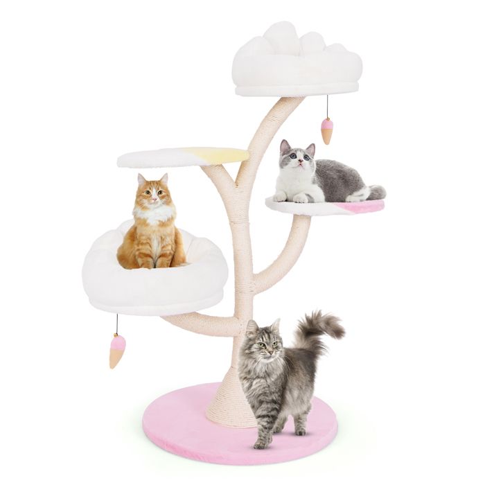 Meilleurs prix pour GOPLUS Arbre à Chat 123 cm Mignon, Tour pour Chat Multi-niveaux, Griffoirs Recouverts de Sisal, 2 Perchoirs Rembourrés