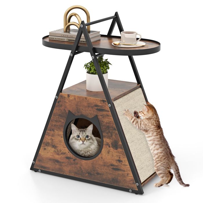 Comparer les prix de Niche en Forme de A pour Chat COSTWAY, Armoire Cachée, Étagère Ouverte à 2 Niveaux, 2 en 1 Meuble pour Animaux de Compagnie en Bois