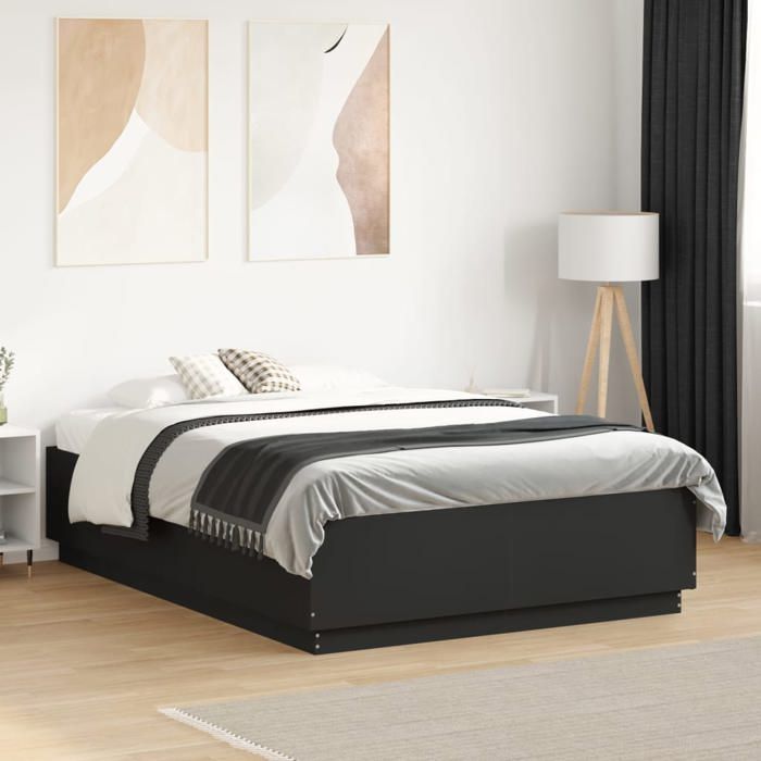 vidaXL Cadre de Lit Lit Double avec Sommier à Lattes Lit Adulte Meuble de Chambre à Coucher Moderne Noir 135x190 cm 3209738