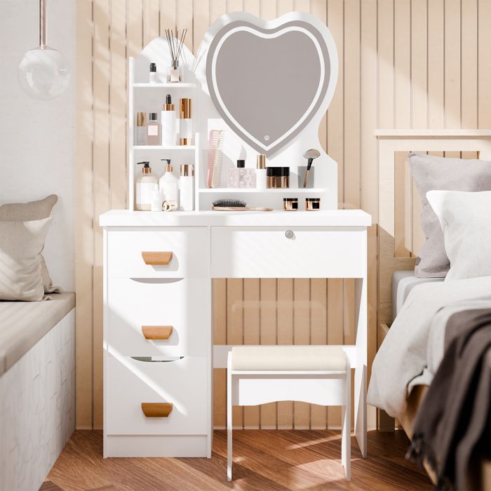 Coiffeuse avec miroir en forme de cœur éclairé par LED Table de Maquillage avec 4 tiroirs et étagères ouvrantes 1 tabouret