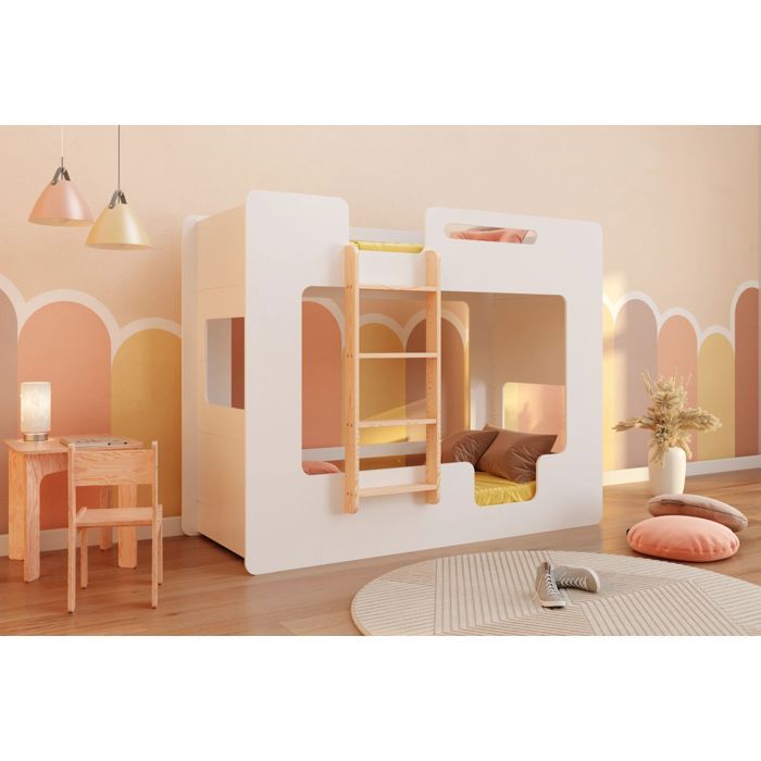 smartwood Lit Superposé Enfant 100x200 - Échelle Gauche - Couleur Blanc - Lit Double MIMI BL - Sommier & Barrière de sécurité