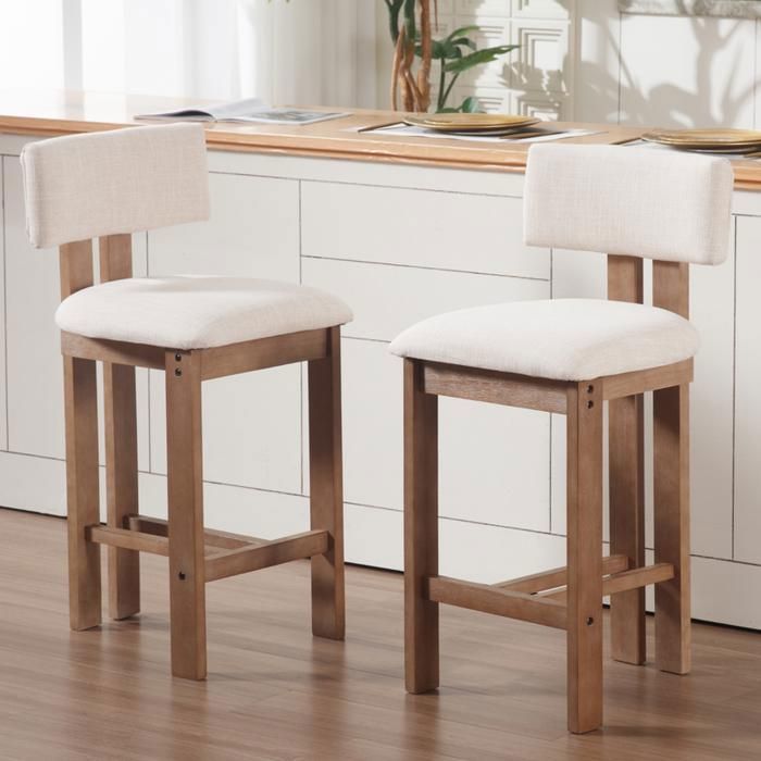 Wahson Tabouret de Bar Vintage Bois Lot de 2 Chaise de Bar Coussin Confortable Chaise Haute Bar 66cm pour Comptoir Lin Beige
