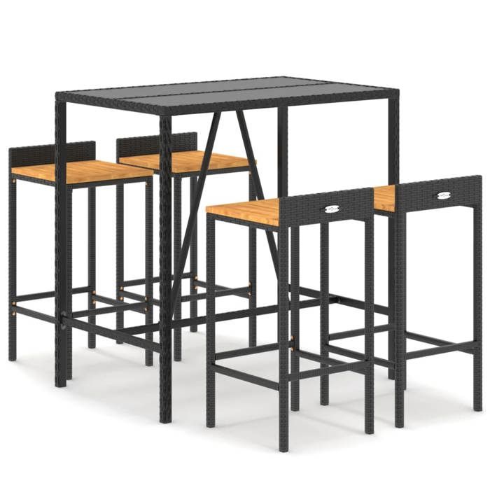25491322& Ensemble de bar jardin 5 pcsTable de bar + 4 tabourets bar Mange-Debout - noir poly rotin/bois massif acacia