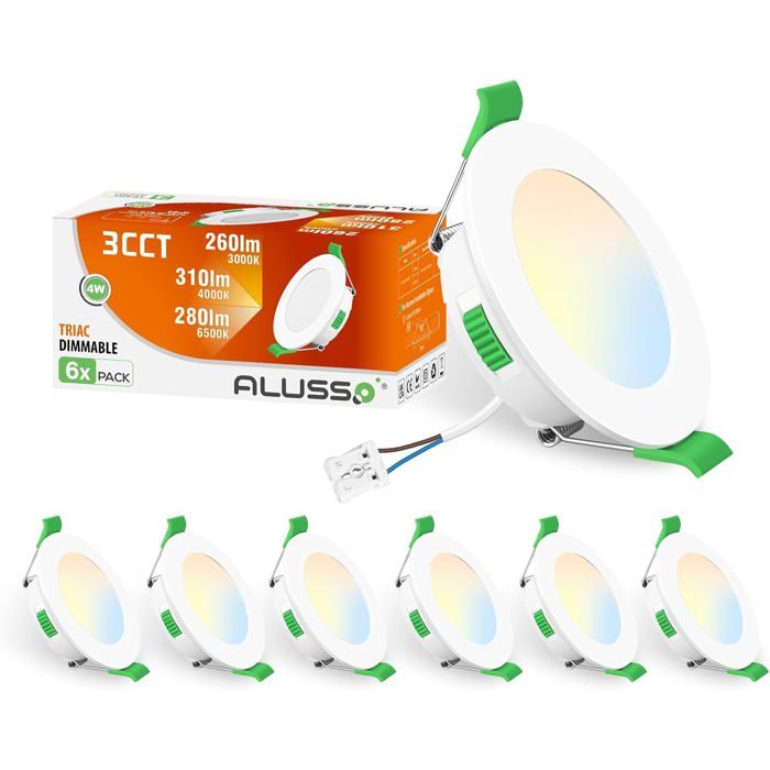 ALUSSO Spot LED Encastrable Rond Blanc 4W 310LM Dimmable IP44 3000K/4000K/6500K réglable Trou Φ55-68mm AC220-240V Lot de 6