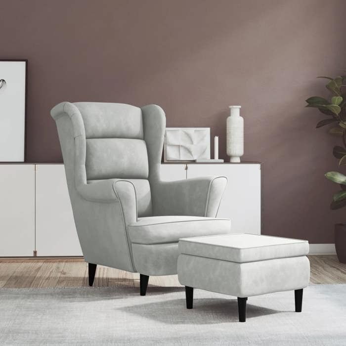 BONNIE®（Gris）Fauteuil à oreilles somptueux - tabouret inclus gris clair velours - 1 place EU1742208