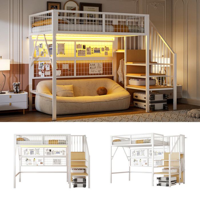 Lit Mezzanine 90x200 - LED App Control - Escalier Rangement - Armoire Ouverte - Blanc