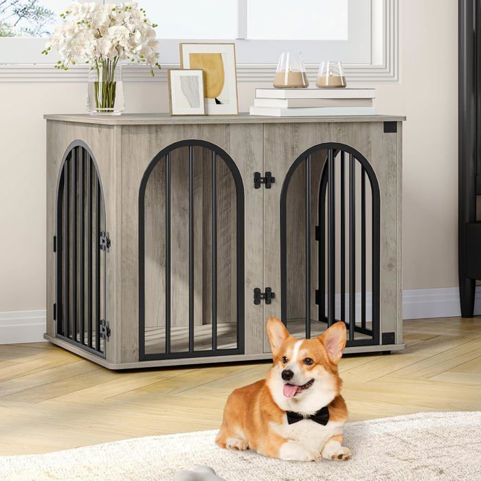 80cm Cage pour Chiens Table dAppoint Niche Moderne pour Chiens Intérieur Cage pour Chiots Maisonnette pour Animaux 3 Portes.