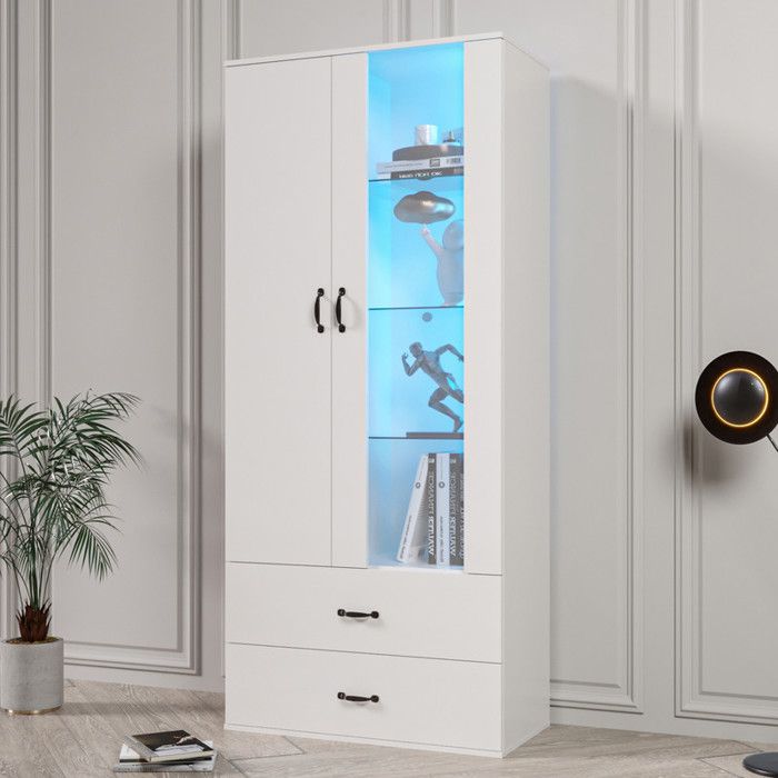 Vitrine LED - 2 portes - Éclairage multicolore - 59.5x35x182 cm - Blanc - Style moderne