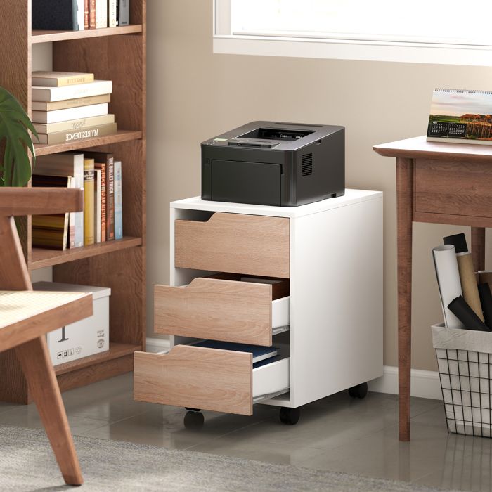 Caisson bureau mobile meuble rangement bureau sur roulettes 3 tiroirs 40x50x575cm blanc et chêne
