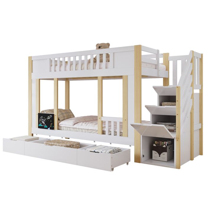 Lit superposé 90x200 cm blanc et naturel avec escalier à rangements et tiroirs roulants pin/MDF