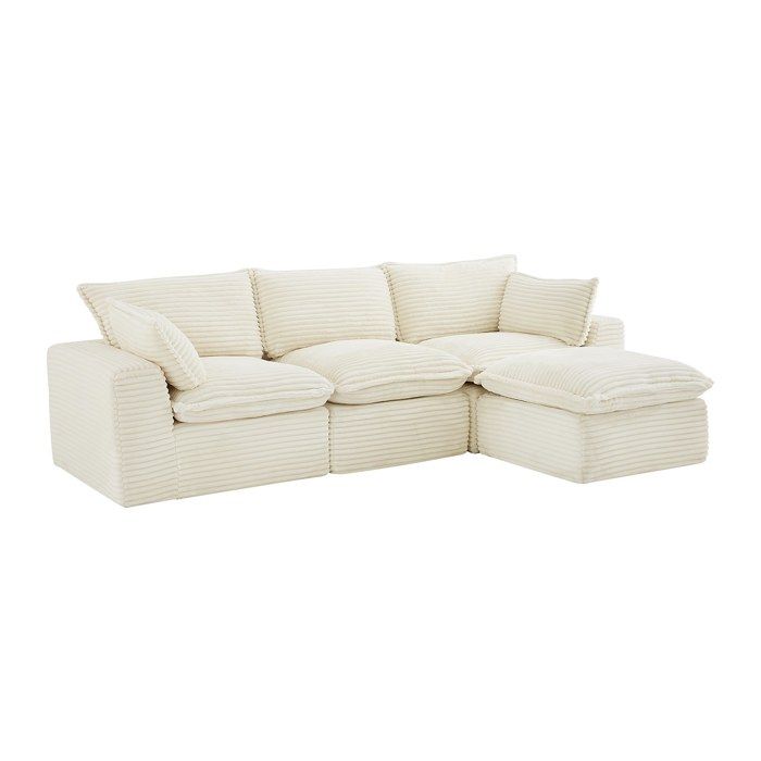Canapé dangle modulable compressé avec pouf en velours côtelé grosses côtes beige CYROMA