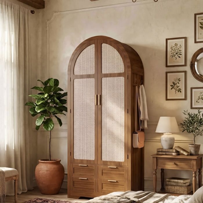 Armoire 80x50x179cm - Portes Arquées en Rotin - 4 Tiroirs - Tringle Inclus - Style Vintage - Couleur Noyer