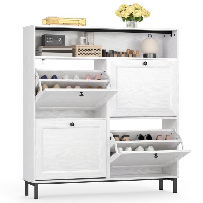 Meuble à Chaussures - Bealife - 4 Casiers - Rangement 20 Paires - Profondeur 24 cm - 1 Niche - Blanc - 100 x 24 x 108 cm