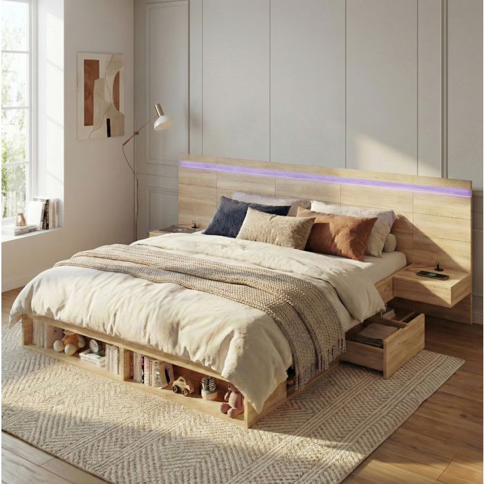 Lit adulte 180x200 cm avec rangement. LED. ports USB/USB-C. 2 chevets intégrés. MDF couleur naturel