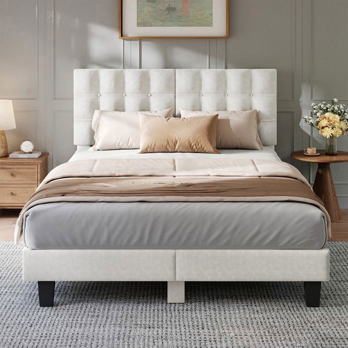 HavenlyHome Lit 160x200 Velours Beige Tête de Lit Rembourrée Sommier à Lattes Inclus Chambre Adulte Moderne