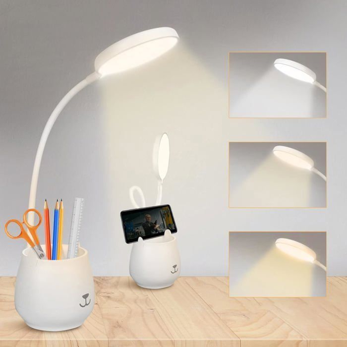 Lampe de Bureau de Porte-stylo Tactile Lampe de Bureau à LED Dimmable avec 3 Modes Déclairage Fil USB Recharge pour
