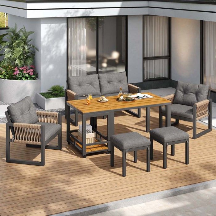 Ensemble de mobilier de jardin - Moderne - 6 pièces - Structure en fer forgé - Accoudoirs en corde tressée