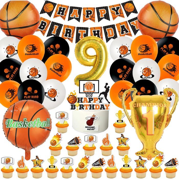 Décoration Anniversaire Basket 9 Ans - Kit 52 Pièces pour Garçons et Filles avec Ballons Bannière et Décoration Gâteau