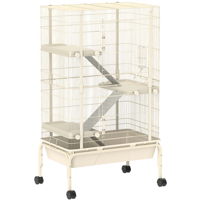 LIA Cage pour lapin enclos à 4 niveaux avec 2 portes 3 rampes plateau profond roulettes 69 x 44 x 120 cm beige