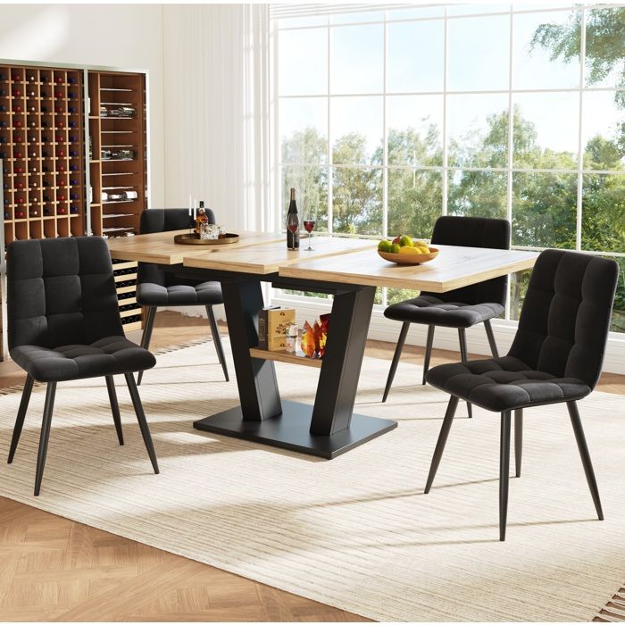 Ensemble table et chaises avec 1 table extensible et 4 chaises - BEAUNIV - pour salle à manger - Métal et MDF - Noir et naturel