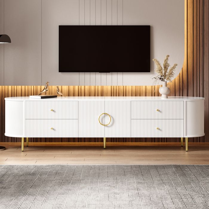 Meuble TV bas 180 cm - Lowboard avec 2 Portes 4 tiroirs - Ondulée 3D en MDF - Poignées Aluminium - Pieds Métal - blanc