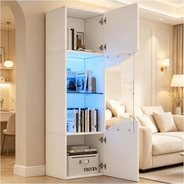 Vitrine blanche laquée 35x50x165cm vitrée LED surface ondulée concave meuble rangement déco salon spacieux
