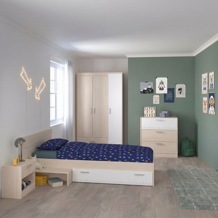 Chambre lit 90x190 avec 1 chevet 1 armoire 3P et 1 commode - CHARLINE Chambre lit 90x190 avec 1 chevet 1 armoire 3P et 1 commode - CHARLINE