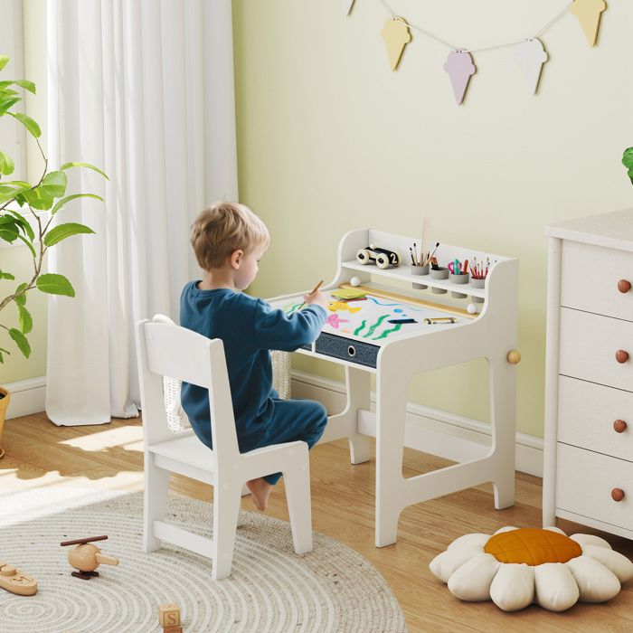 Bureau enfant avec chaise 2 tiroirs et étagère table 628 x 556 x 738 cm chaise 315 x 35 x 655 cm