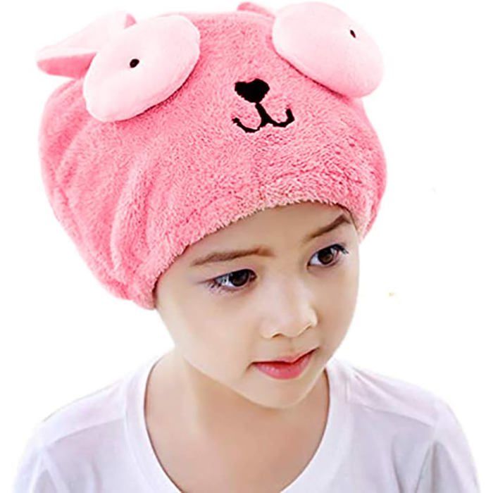 Bonnet de bain fille serviette turban microfibre motif ours. Doux léger rapide absorbant. Capuche sèche- - Rose Rouge(gros Yeux)