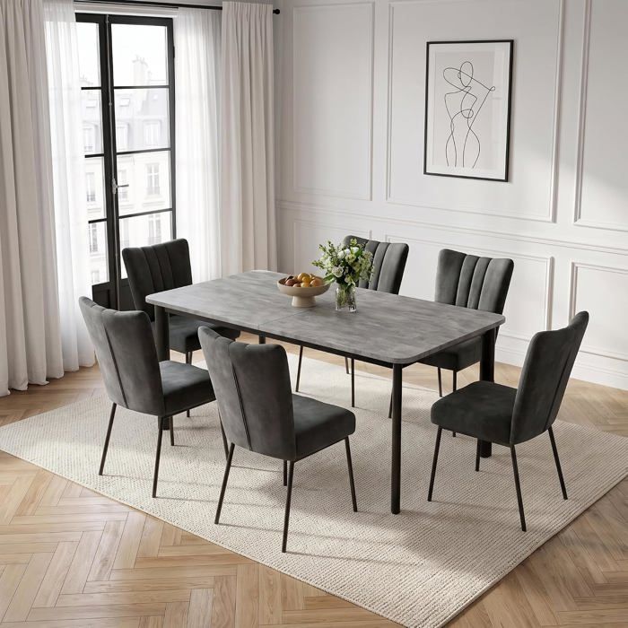 JIEXI Ensemble table de salle à manger extensible et 6 chaises grises rembourrées velours gris meubles repas salon bureau