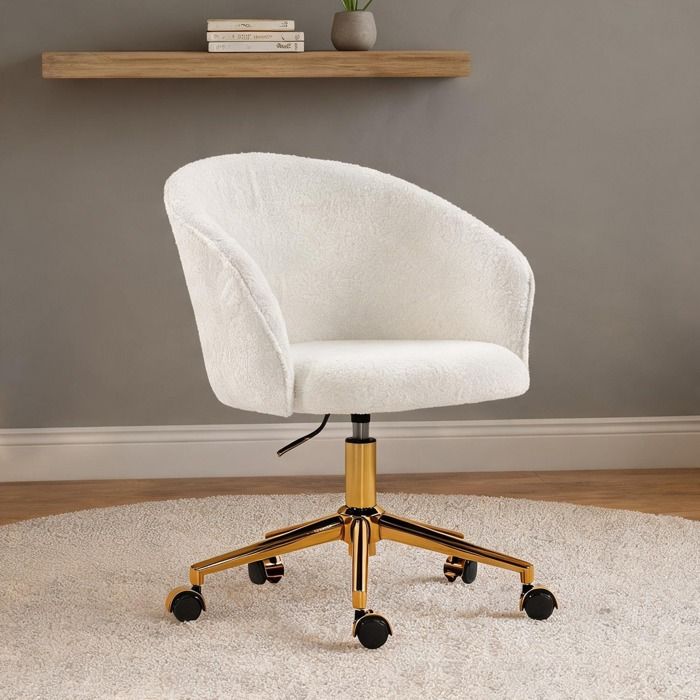 Fauteuil 1 place - bureau ergonomique réglable en hauteur pivotant tissu polaire Teddy crème et piètement acier doré