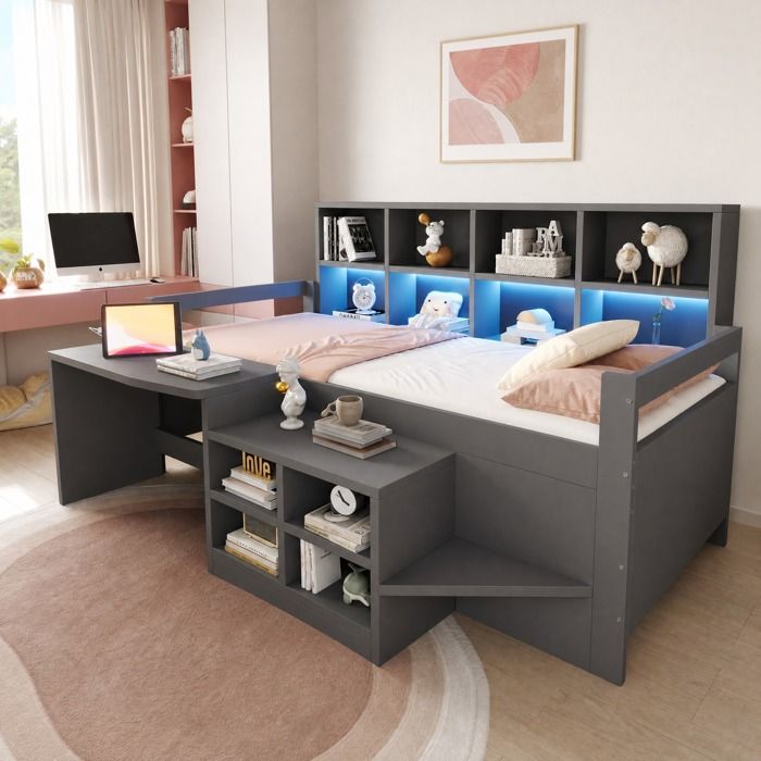Lit Combiné Enfant 90×200 cm Bureau Rangements LED USB et Prise - MEUNIQ - Sans Matelas Bois Gris