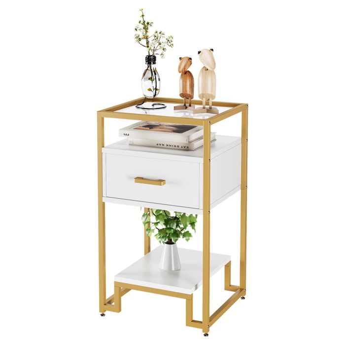 Table de chevet à 3 niveaux avec tiroir Plateau en verre trempé cadre en acier robuste rangement pratique chambre ou salon
