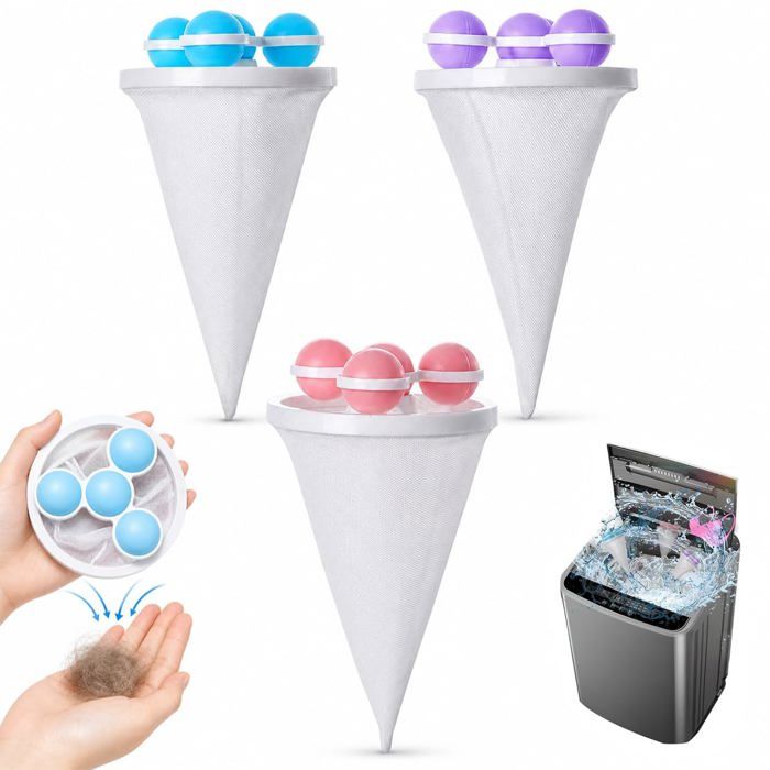 Lot de 3 accessoires pour retirer les poils danimaux du linge – Sac filtre réutilisable pour machine à laver (rose violet bleu)
