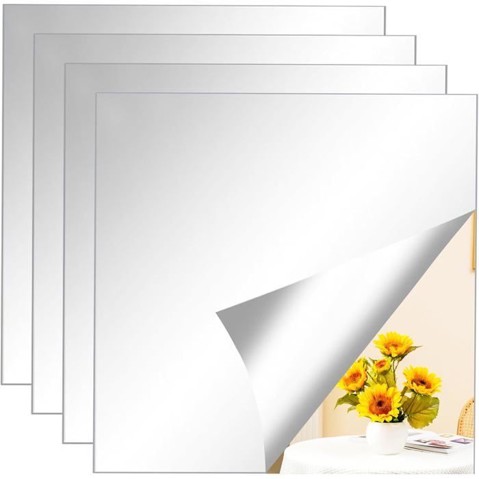 Lot de 4 Miroirs Autocollants 20x20cm Miroir Mural Adhésif Acrylique Incassable sans Cadre Stickers Miroir pour Salle de Bain