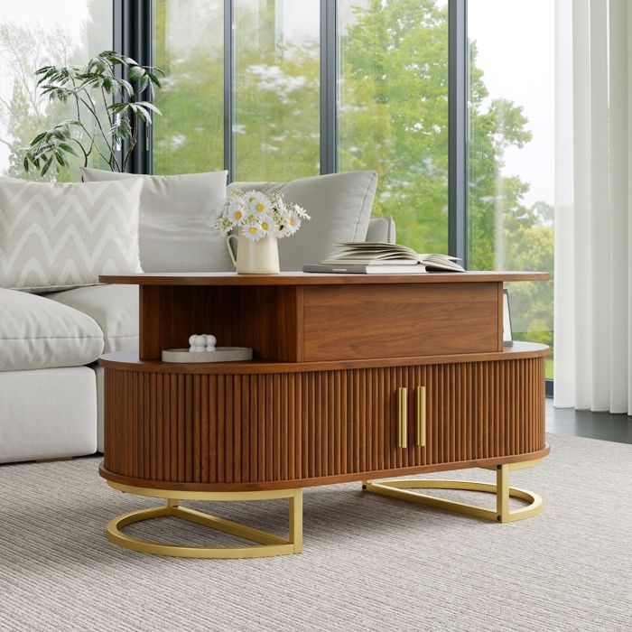 Table basse relevable ovale avec espace de rangement plateau élévateur meuble de salon en MDF noyer et métal doré 100x50x64 cm