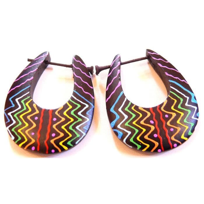 Boucles D'oreilles Créoles En Bois Art Tribal Ethnique - Neuf Avec étiquettes - Unisexe