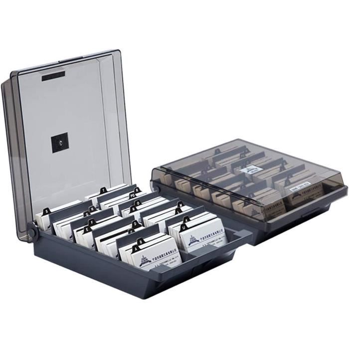 Porte-cartes De Visite Capacité 500 - Boîte ABS Avec 4 Séparateurs Et Onglets A-Z - Couvercle Transparent - Gris