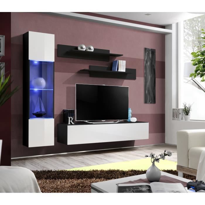 price factory - meuble tv fly g3 design, coloris noir et blanc brillant. meuble suspendu moderne et tendance pour votre salon.
